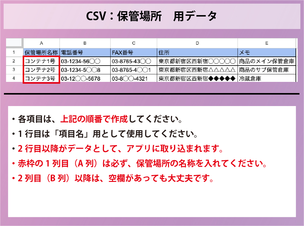保管場所のcsv説明